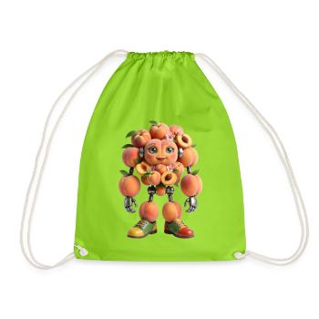 Cute Peach Fruit Robot with Flowers - Drawstring Bag - neon green - Front