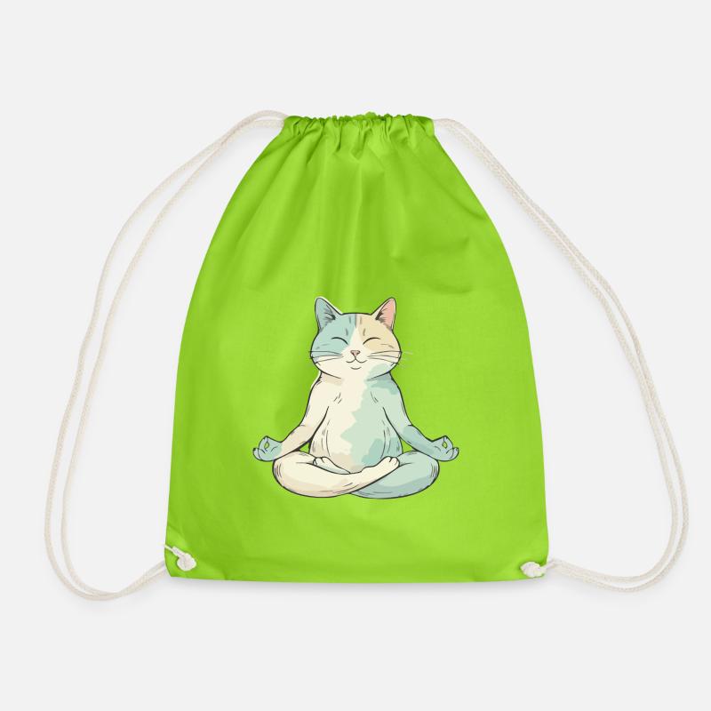 Zen Cat in Meditation - Drawstring Bag - neon green