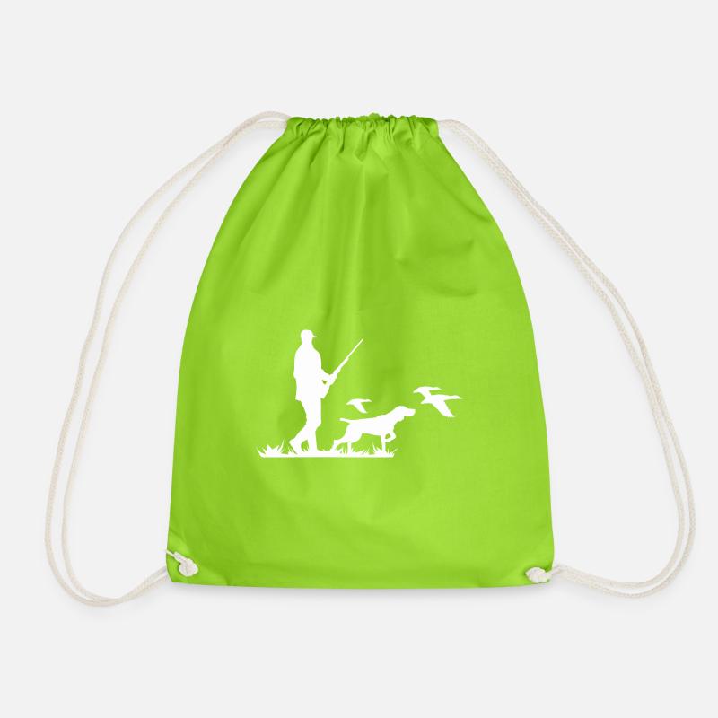 Duck Hunt Small Game Hunter Hunting Silhouette - Logo - Drawstring Bag - neon green