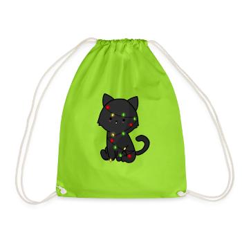 Cute Black Cat with xmas lights, Kawaii Cats - Drawstring Bag - neon green - Front
