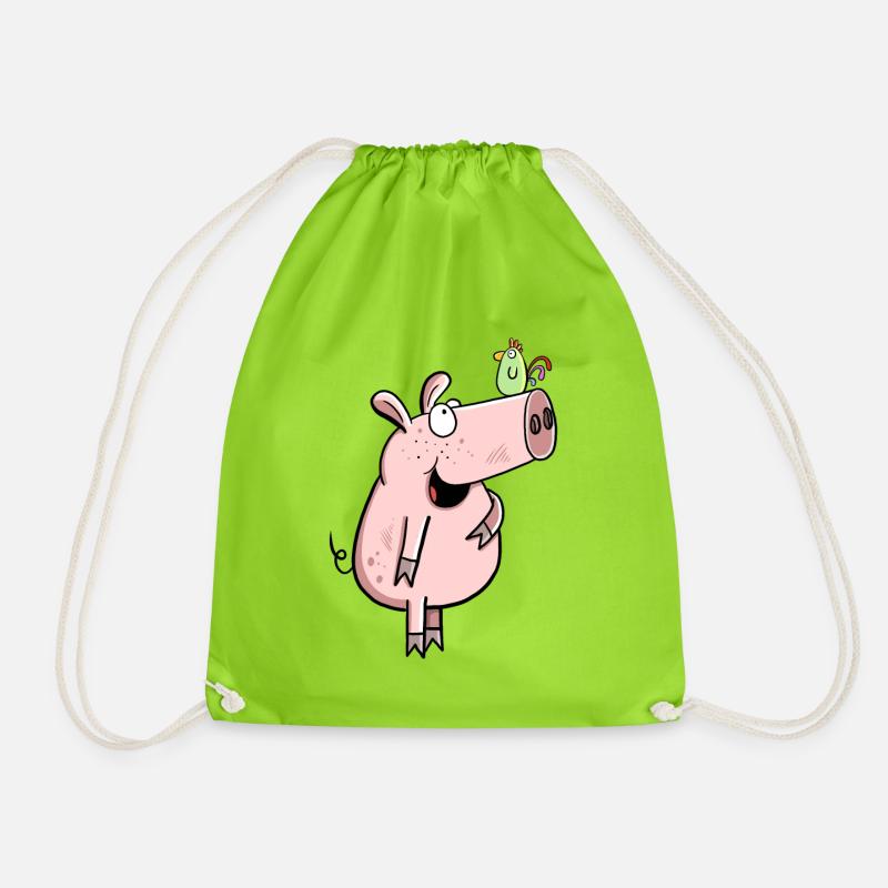 Pig With Rooster I Comic Children Farm Wutz Fun - Drawstring Bag - neon green
