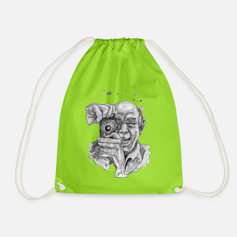 Selfie 2 black and white drawing carographic - Drawstring Bag - neon green