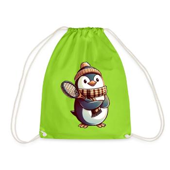 Penguin Tennis Winter with Hat and Scarf - Drawstring Bag - neon green - Front