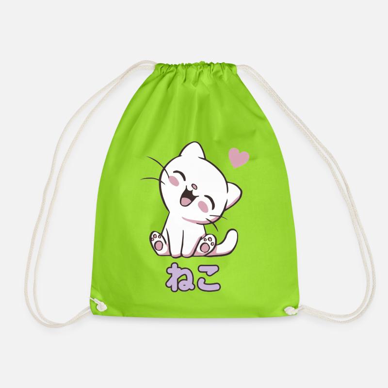 Neko Cuddly Cat Hearts - Drawstring Bag - neon green