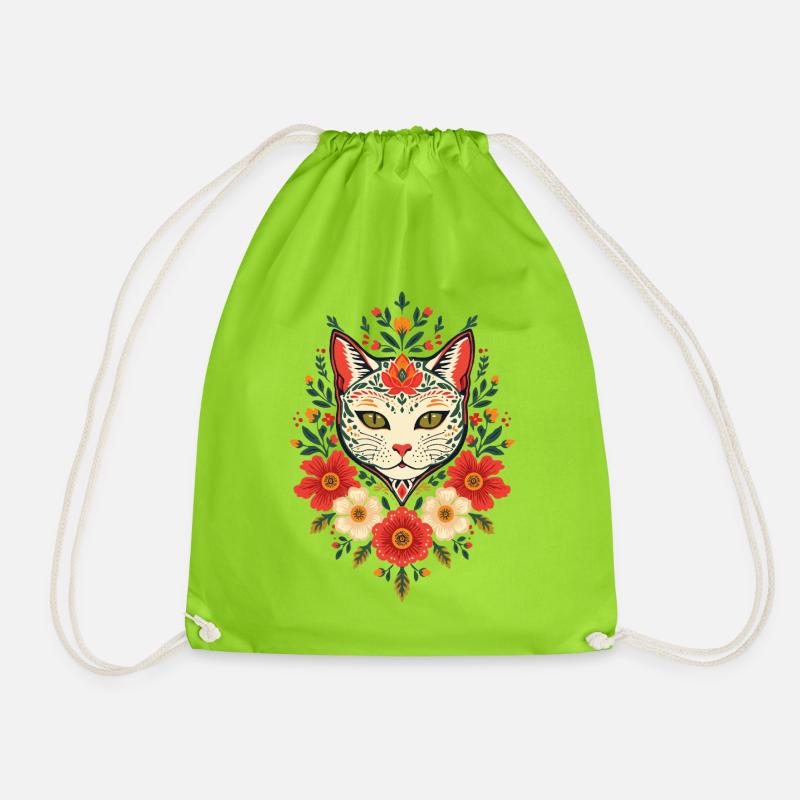 Flower cat in folk style - Drawstring Bag - neon green