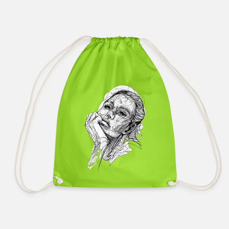 bored black and white drawing carographic - Drawstring Bag - neon green