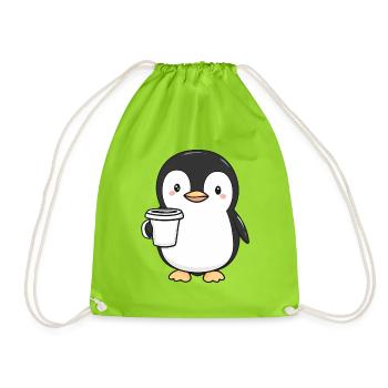 Niedlicher Pinguin mit Kaffeetasse - Entzückendes Design - Turnbeutel - Neongrün - Vorne