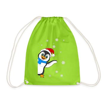 penguin snow with christmas greeting - penguin christmas - Drawstring Bag - neon green - Front