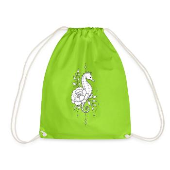 Seepferdchen und Blume in Schwarz und Weiß - Turnbeutel - Neongrün - Vorne