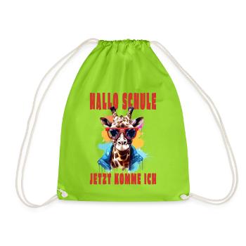 Einschulung - Hallo Schule - Coole lustige Giraffe - Turnbeutel - Neongrün - Vorne