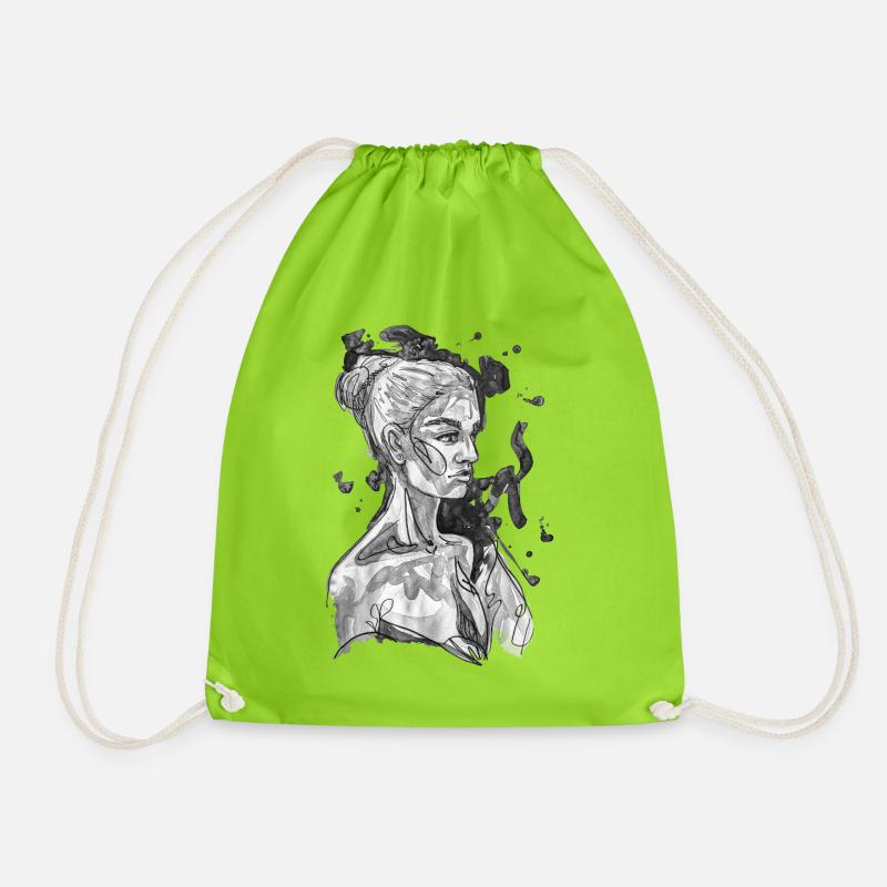 Red black and white drawing carographic - Drawstring Bag - neon green