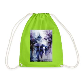 Blue Umbrellas in Purple Rain - Drawstring Bag - neon green - Front