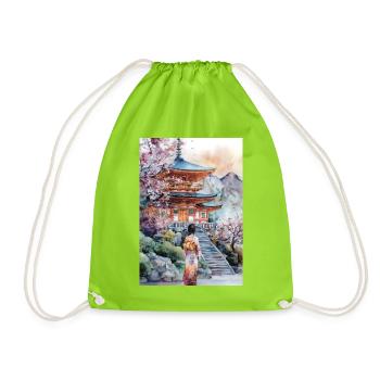 Kimono-Pagode und Kirschbäume - Turnbeutel - Neongrün - Vorne