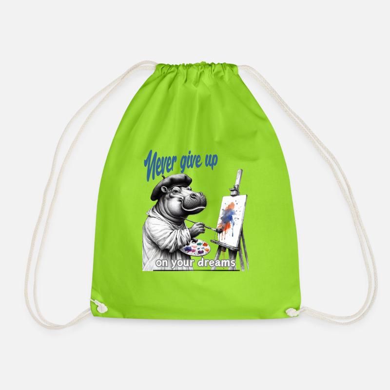 Never give up Painter Hippo - Drawstring Bag - neon green