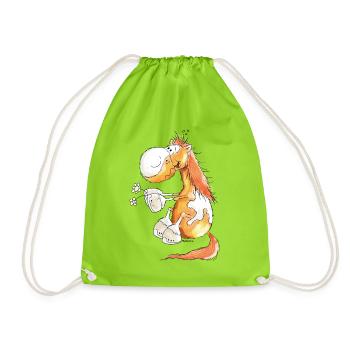 Pferd mit Blume - Pferde - Pony - Fuchs - Geschenk - Turnbeutel - Neongrün - Vorne