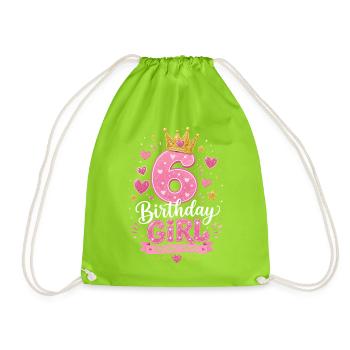 6 Birthday Girl Glitter Crown - Drawstring Bag - neon green - Front
