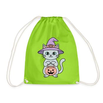 Kürbis-Halloween-Hexenkatze - Turnbeutel - Neongrün - Vorne