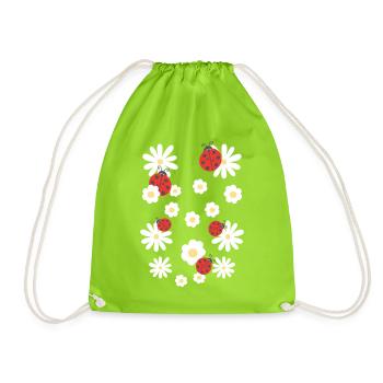 Ladybug lucky charm with flowers gift - Drawstring Bag - neon green - Front