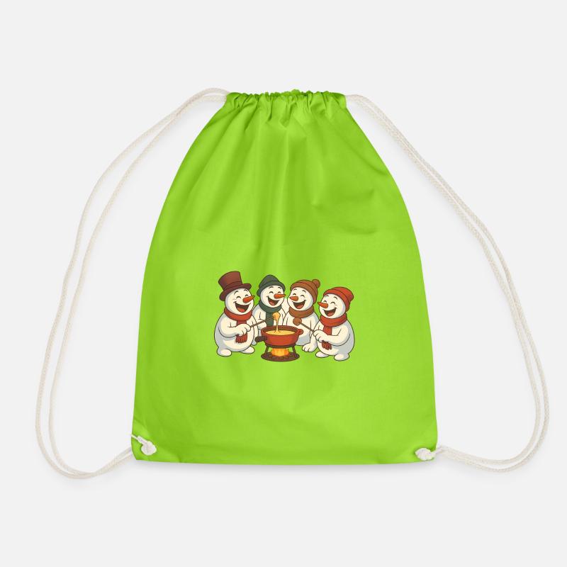Winter men around a Savoyard fondue - Drawstring Bag - neon green