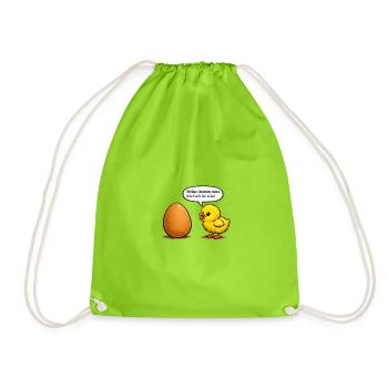 Chick Calling Buddy In Egg, Pun Cartoon - Drawstring Bag - neon green - Front