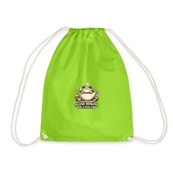 Slow Down & Chill – Cute Frog Coffee Aesthetic - Drawstring Bag - neon green - Front
