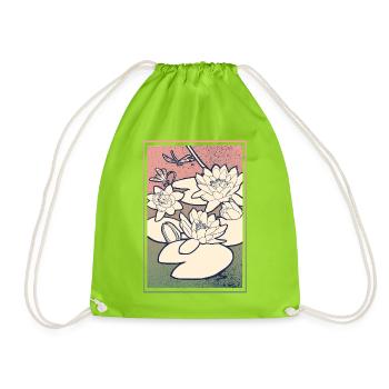 Water Lily Illustration – Tranquility & Nature - Drawstring Bag - neon green - Front