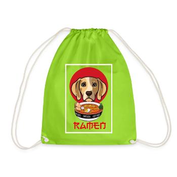 Cute Beagle Ramen Japanese Pop Art Foodie Gift - Drawstring Bag - neon green - Front