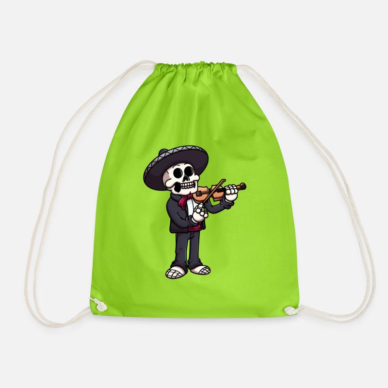 Mariachi Skeleton Playing The Violin - Drawstring Bag - neon green