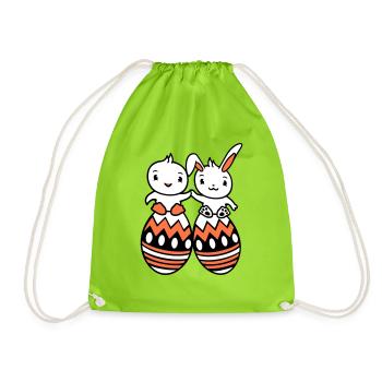 Bunny Bird Chick 2 Friends Large Easter Eggs Huge - Drawstring Bag - neon green - Front