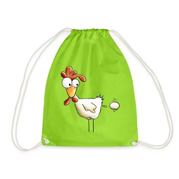 Huhn drückt ein Ei raus - Hahn - Gockel - Henne - Turnbeutel - Neongrün - Vorne