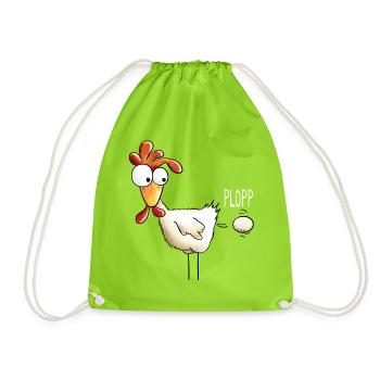 Plopp es ist raus das Ei - Huhn - Hahn - Gockel - Turnbeutel - Neongrün - Vorne
