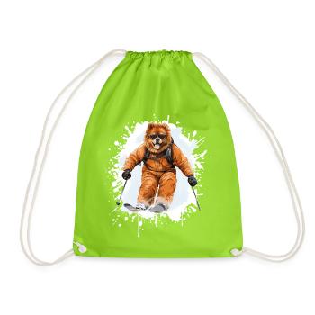Chow Chow Dog Ski Skiing Sports - Drawstring Bag - neon green - Front