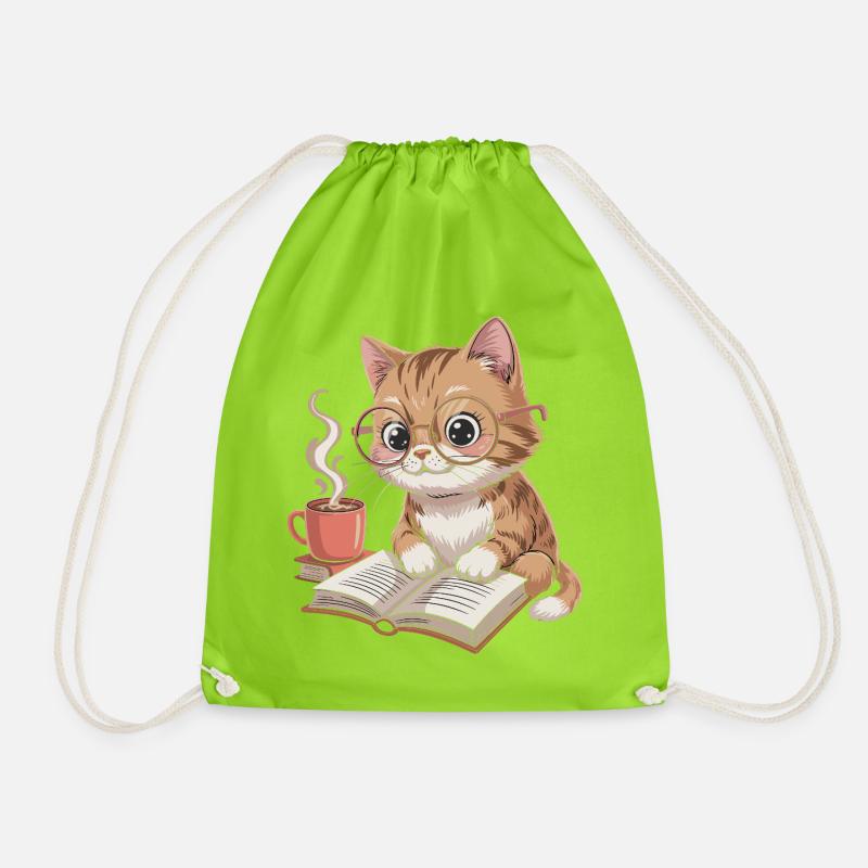 LeseKatz Katze mit Brille und Kaffee - Turnbeutel - Neongrün