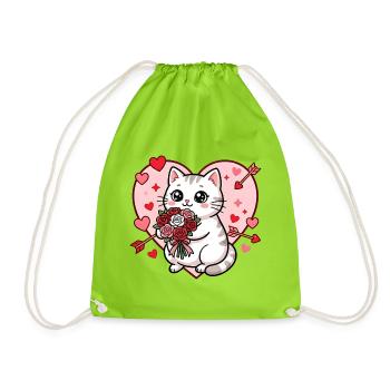 Kawaii Cat Valentine Rose Bouquet Heart - Drawstring Bag - neon green - Front