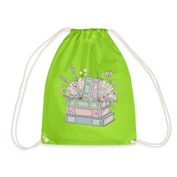 Vintage Stack of Books with Flowers for Book Lovers - Drawstring Bag - neon green - Front