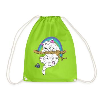 Cat on branch plays with butterfly - Drawstring Bag - neon green - Front