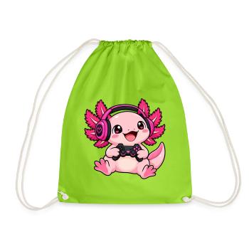 Gaming Axolotl – Zocker Wassermonster - Turnbeutel - Neongrün - Vorne