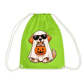 Halloween Hund im Geisterkostüm mit Kürbiskorb - Turnbeutel - Neongrün - Vorne