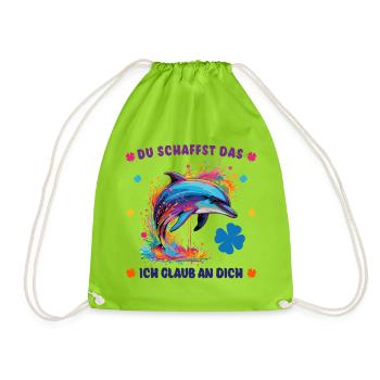 Du schaffst das! - Glücksbringer - Delphin Delfin - Turnbeutel - Neongrün - Vorne