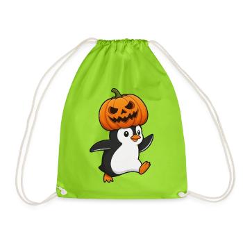 Cute Halloween Penguin with Hat and Pumpkin Cartoon - Drawstring Bag - neon green - Front