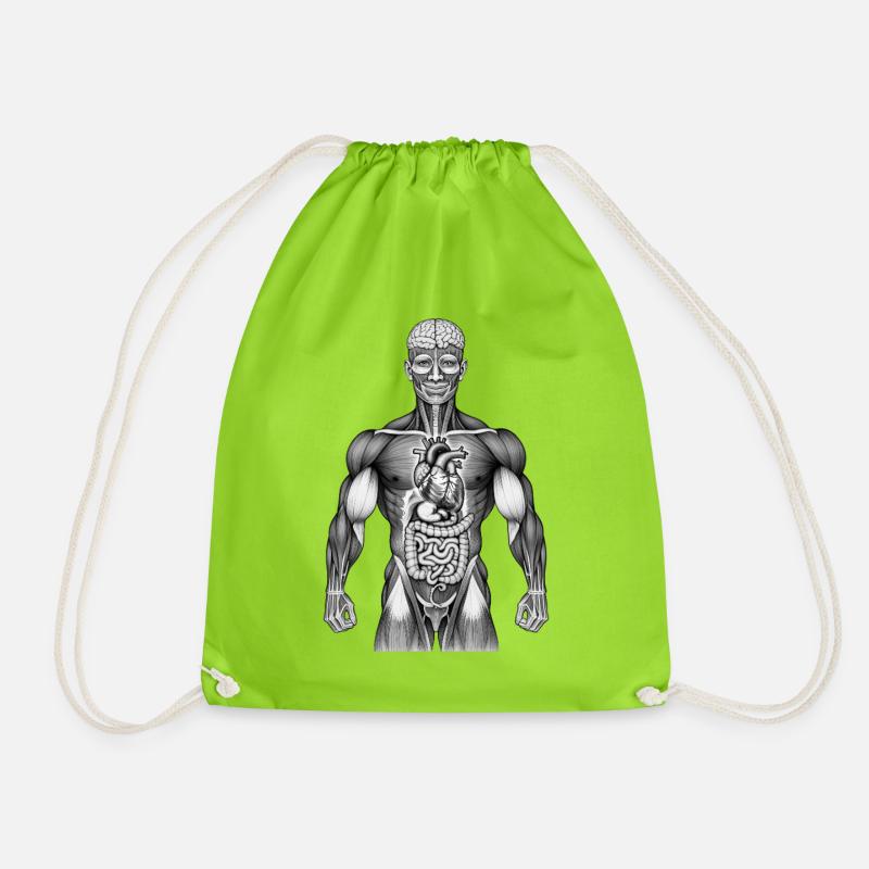 HAPPY ANATOMY - black & white - Drawstring Bag - neon green