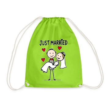 Wedding couple cartoon wearing just married - Drawstring Bag - neon green - Front