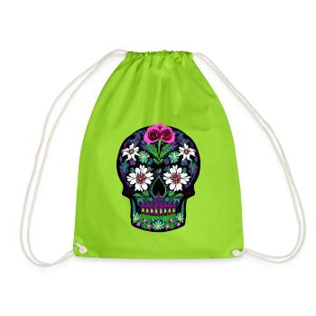 Floral Sugar Skull | Mexican Day of the Dead  - Drawstring Bag - neon green - Front