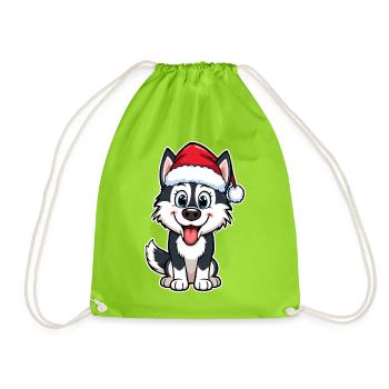 Husky with Santa hat - Drawstring Bag - neon green - Front