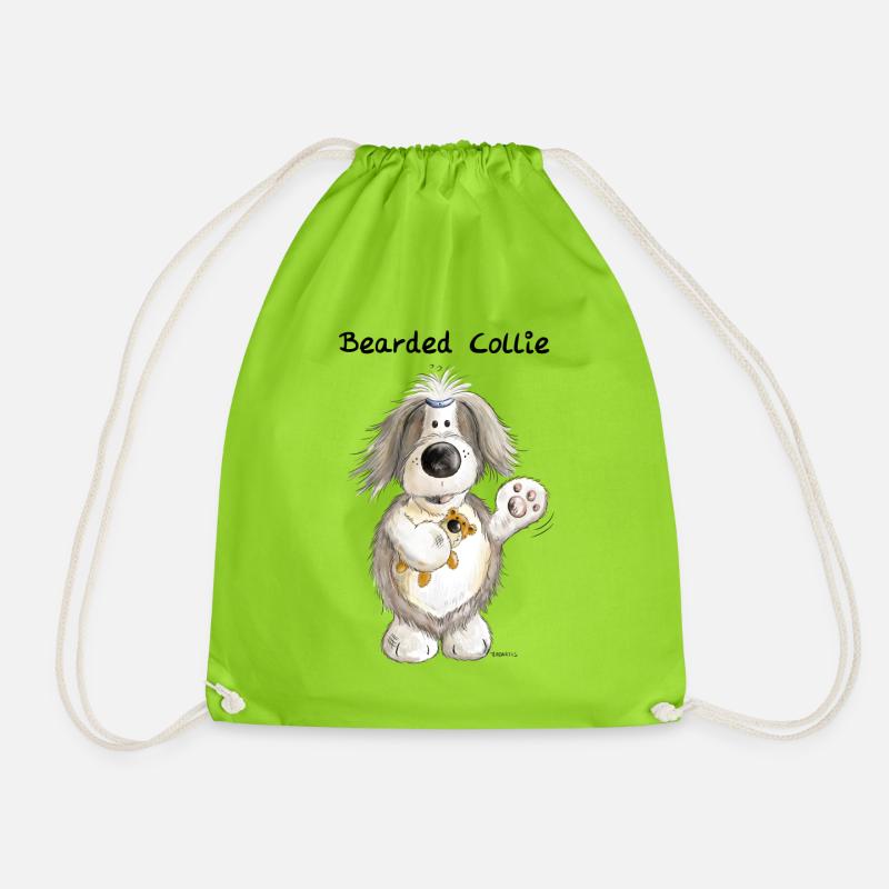 Bearded Collie With Teddy - Drawstring Bag - neon green
