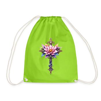 Floral Lotus Cross: Ornamental Dagger - Drawstring Bag - neon green - Front