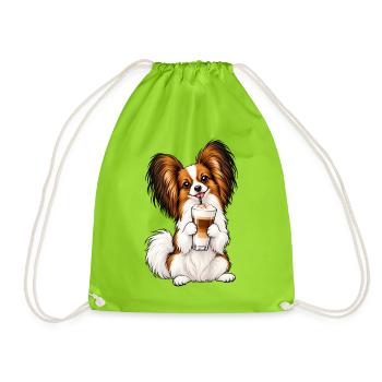 Schmetterlingshund Papillon mit Latte Macchiato - Turnbeutel - Neongrün - Vorne