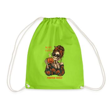 Knochenmüde, mit Kürbis verdrahtetes Halloween-Skelett - Turnbeutel - Neongrün - Vorne