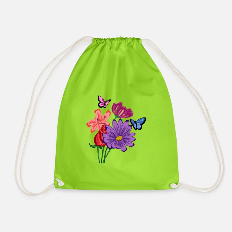 Flowers and butterflies - Drawstring Bag - neon green