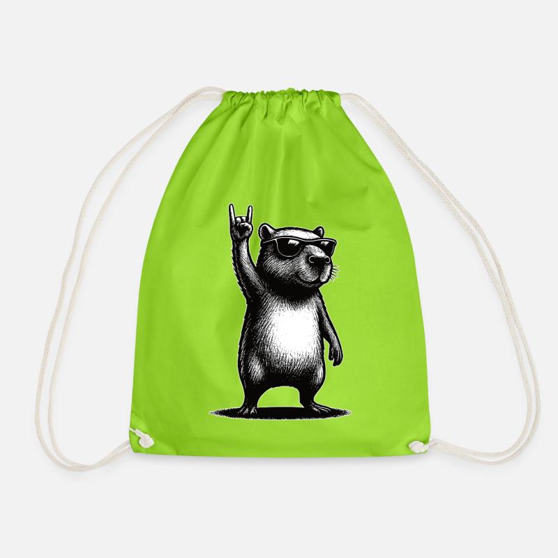 Rock Capybara - Drawstring Bag - neon green